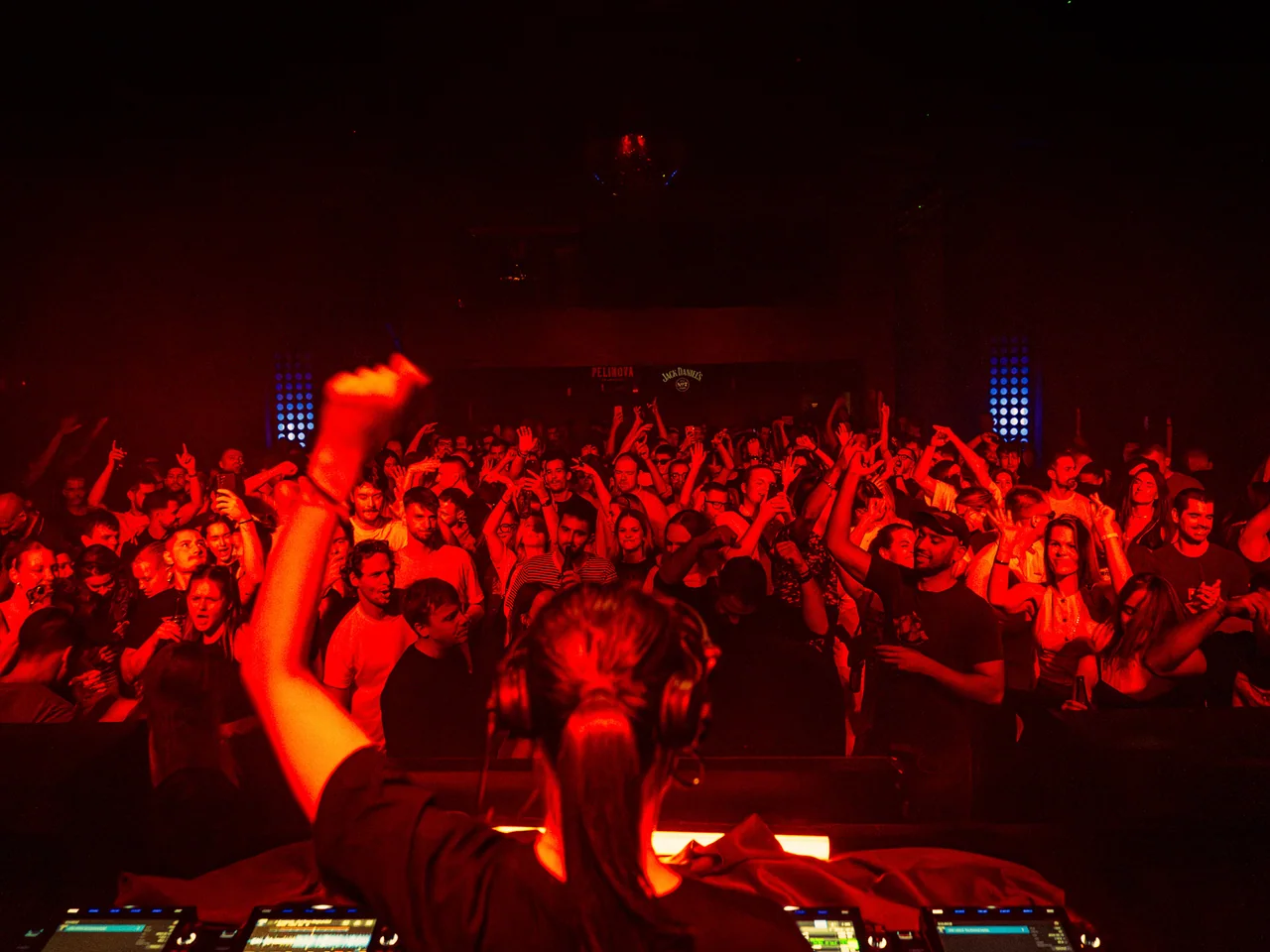 DJ facing a red-lit crowd with one hand raised.
