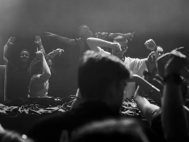 Black-and-white silhouette of a performer reaching toward the crowd.