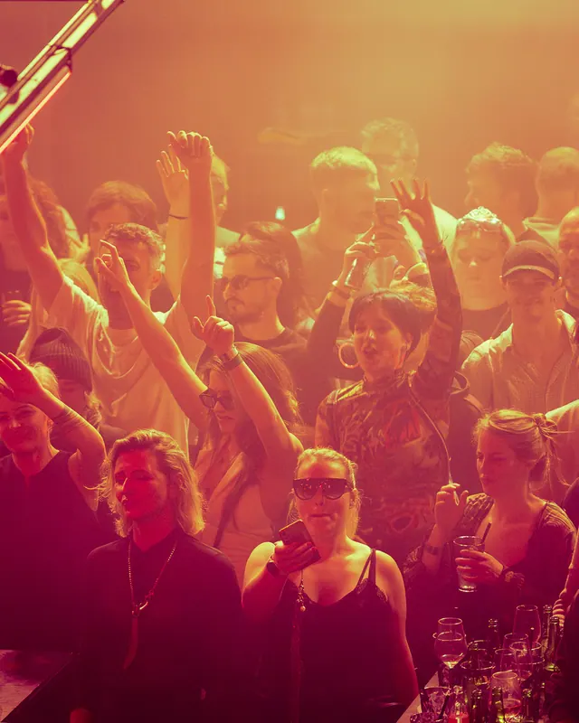 Dense crowd dancing in amber light with hands in the air.