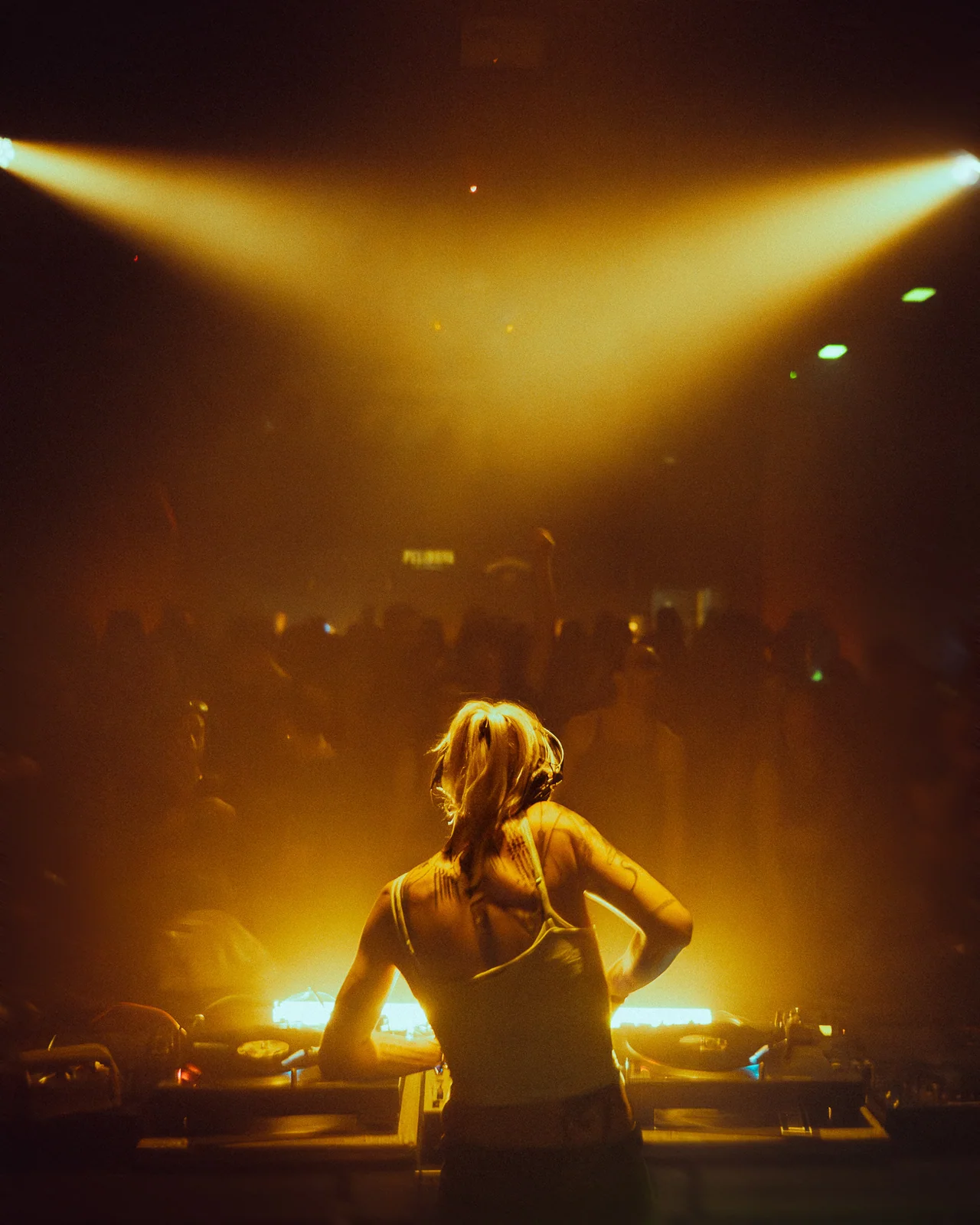 DJ seen from behind in golden stage light during a live set.