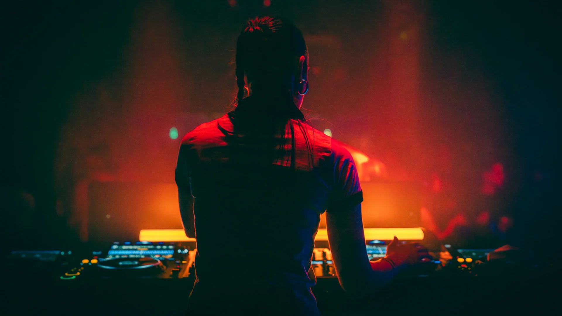 DJ seen from behind against a red-lit stage and dark crowd.